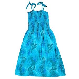 Hibiscus Collection Dress Womens OS Blue Floral Tropical Smocked Vacation Cruise